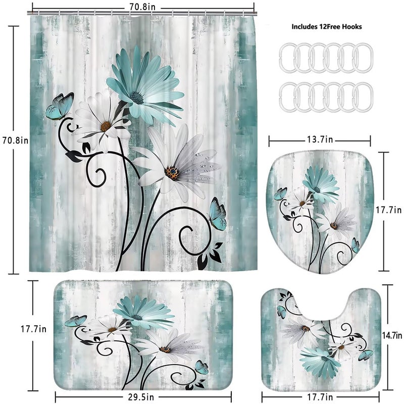 azhm ريفي مزرعة دش الستار مجموعة 4pcs مزرعة البط البري ديزي الزهور ديكور الحمام مجموعة مع ستارة دش والسجاد والاكسسوارات زهرة على البلد ستارة الحمام الخشبية مع 12 السنانير - Image 4